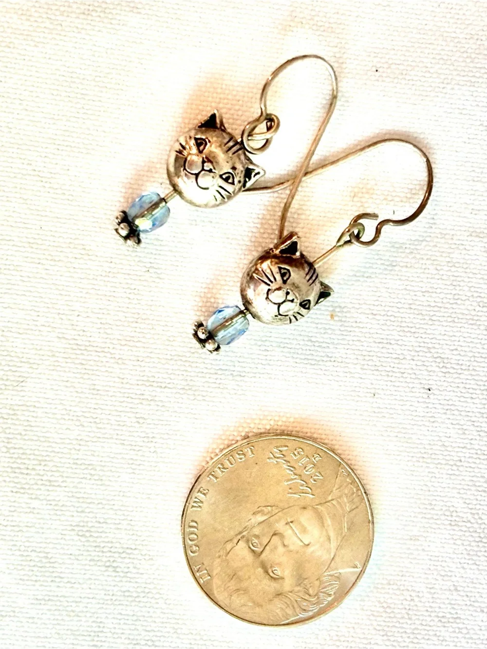 Sterling Silver Cat Face Earrings with Blue Bead - Pets Cat Jewelry
